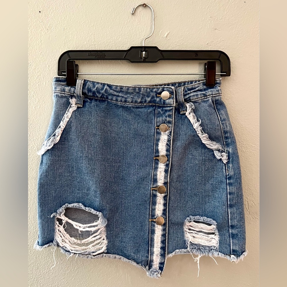 Distressed Blue Jean Denim Mini Skirt Asymmetrical Size M